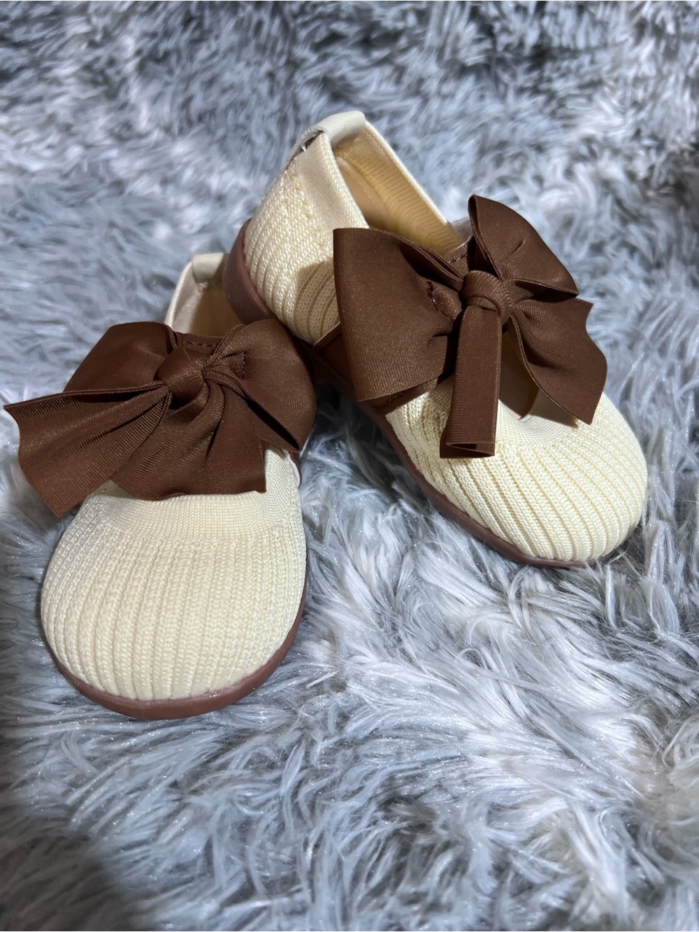 Cream Slip-On Shoes with Brown Bow